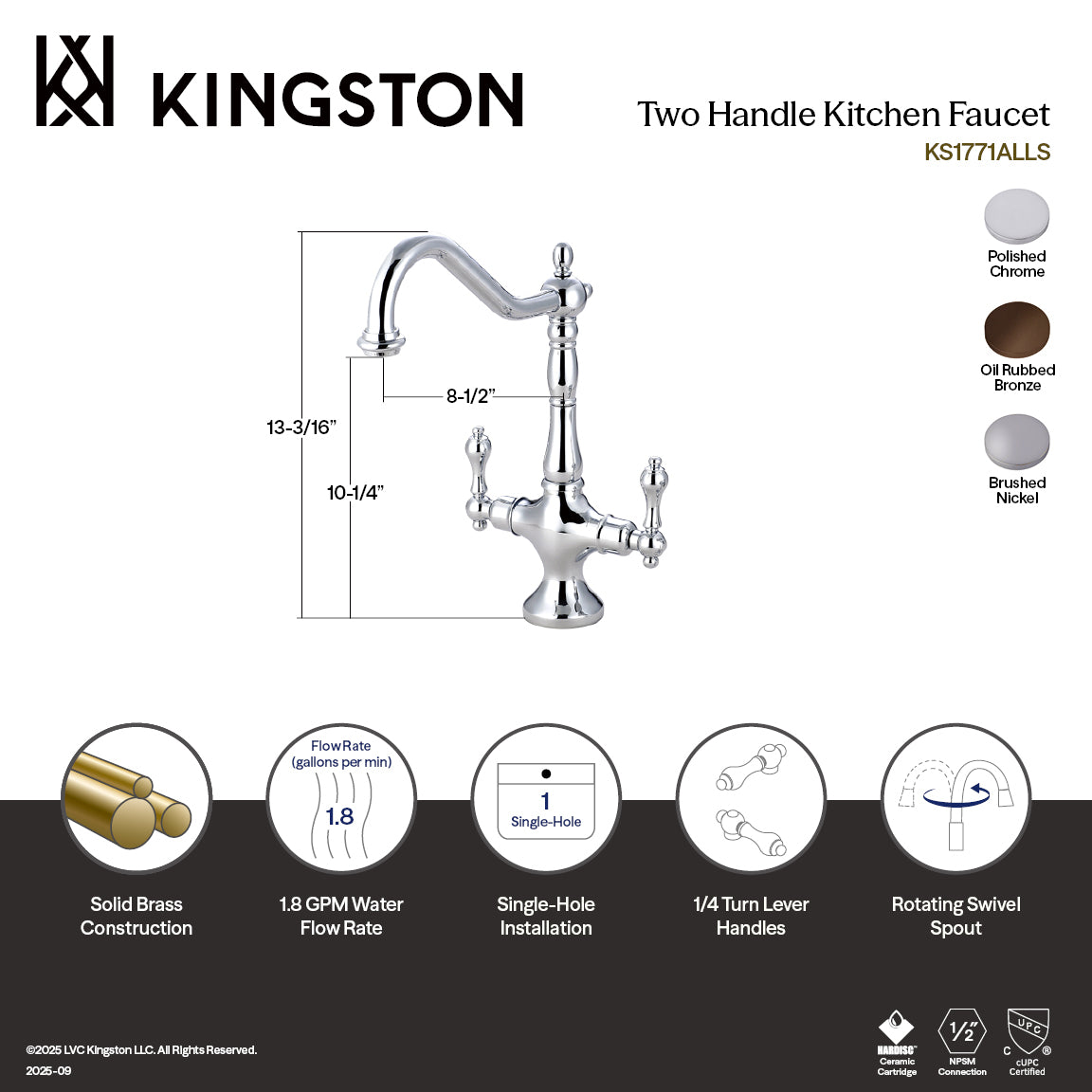 Kingston Heirloom KS1778ALLS - Heritage Two-Handle 1-Hole Kitchen Faucet, Brushed Nickel — thumbnail 2